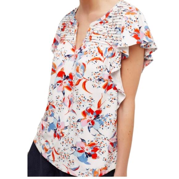 Anthropologie Ridged Yoke Floral Print Ruffle Sleeve Boho Cottagecore Knit Top S - Picture 2 of 9